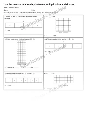 Use the inverse relationship between multiplication and division — Guided Practice — Grade 3 worksheet preview