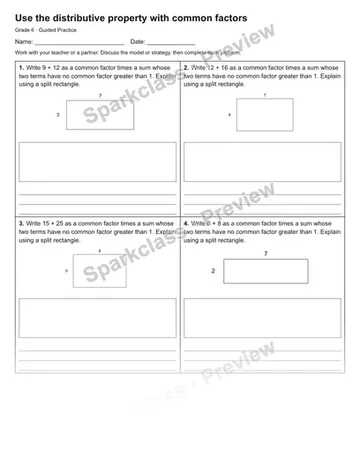 Use the distributive property with common factors — Guided Practice — Grade 6 worksheet preview