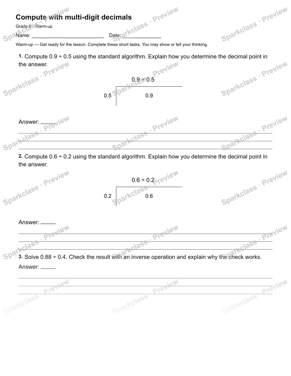 Compute with multi-digit decimals — Warm-up — page 1