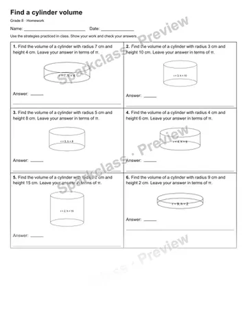 Find a cylinder volume — Homework — Grade 8 worksheet preview