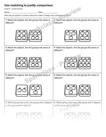 Use matching to justify comparison — Guided Practice — Kindergarten worksheet preview