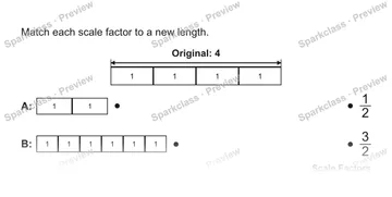 Match each scale factor to a new length. 1 1 1 1 Original: 4 A: 1 1 B: 1 1 1 1 1 1 1/2 3/2 Scale Factors — Grade 5 problem preview