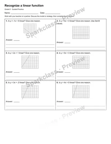 Recognize a linear function — Guided Practice — Grade 8 worksheet preview