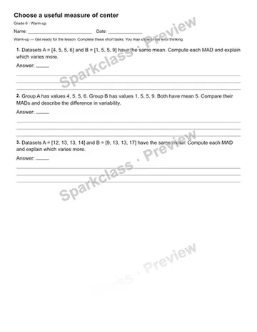 Choose a useful measure of center — Warm-up — Grade 6 worksheet preview