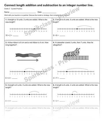 Connect length addition and subtraction to an integer number line. — Guided Practice — Grade 2 worksheet preview