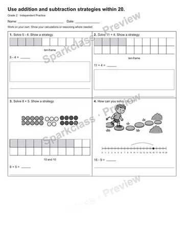 Use addition and subtraction strategies within 20. — Independent Practice — Grade 2 worksheet preview