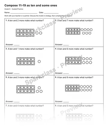 Compose 11-19 as ten and some ones — Guided Practice — Kindergarten worksheet preview