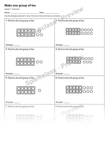 Make one group of ten — Homework — Kindergarten worksheet preview