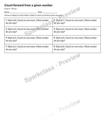 Count forward from a given number — Review — Kindergarten worksheet preview