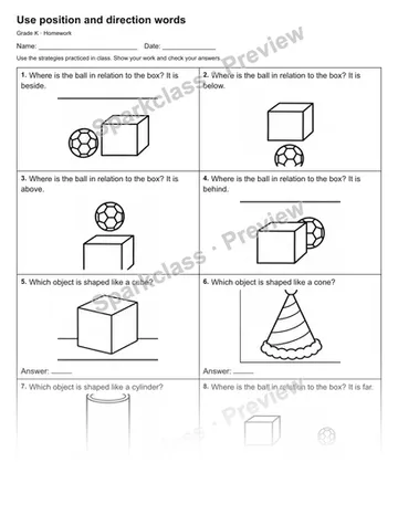 Use position and direction words — Homework — Kindergarten worksheet preview