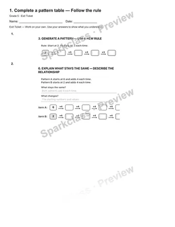 1. Complete a pattern table — Follow the rule — Exit Ticket — Grade 5 worksheet preview