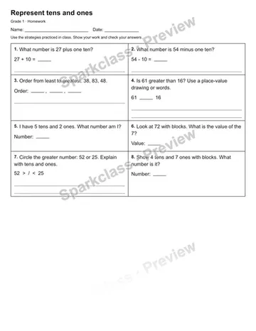 Represent tens and ones — Homework — Grade 1 worksheet preview