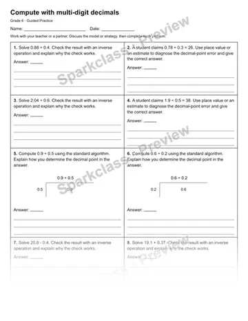 Compute with multi-digit decimals — Guided Practice — Grade 6 worksheet preview
