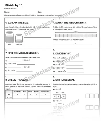 1Divide by 10. — Review — Grade 5 worksheet preview