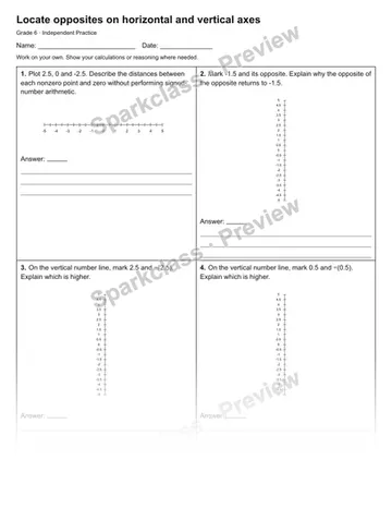 Locate opposites on horizontal and vertical axes — Independent Practice — Grade 6 worksheet preview