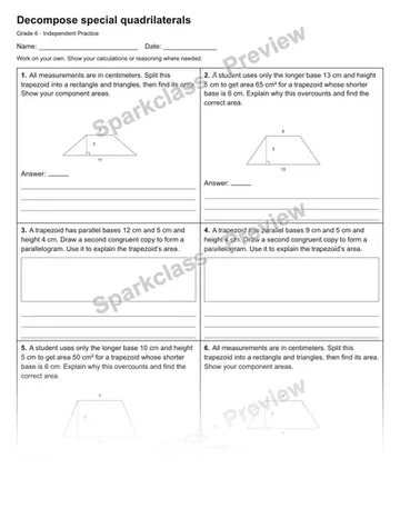Decompose special quadrilaterals — Independent Practice — Grade 6 worksheet preview