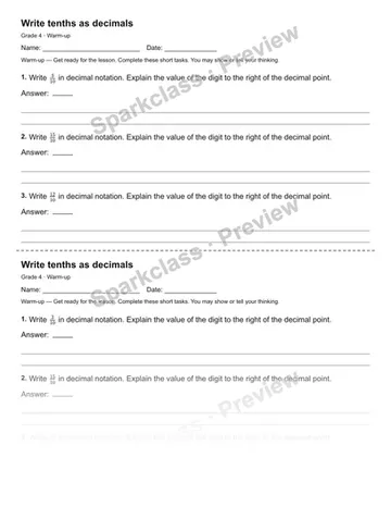 Write tenths as decimals — Warm-up — Grade 4 worksheet preview