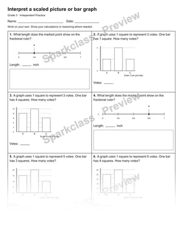 Interpret a scaled picture or bar graph — Independent Practice — Grade 3 worksheet preview