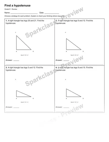 Find a hypotenuse — Review — Grade 8 worksheet preview
