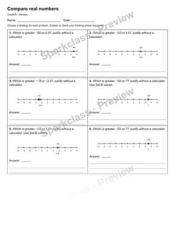 Compare real numbers — Review — Grade 8 worksheet preview