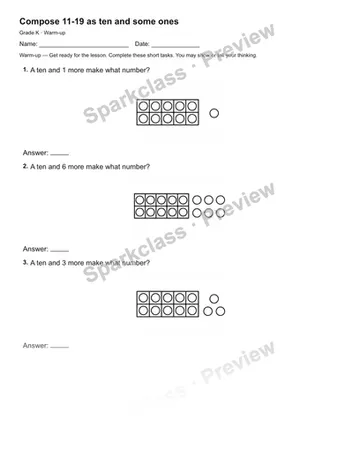 Compose 11-19 as ten and some ones — Warm-up — Kindergarten worksheet preview