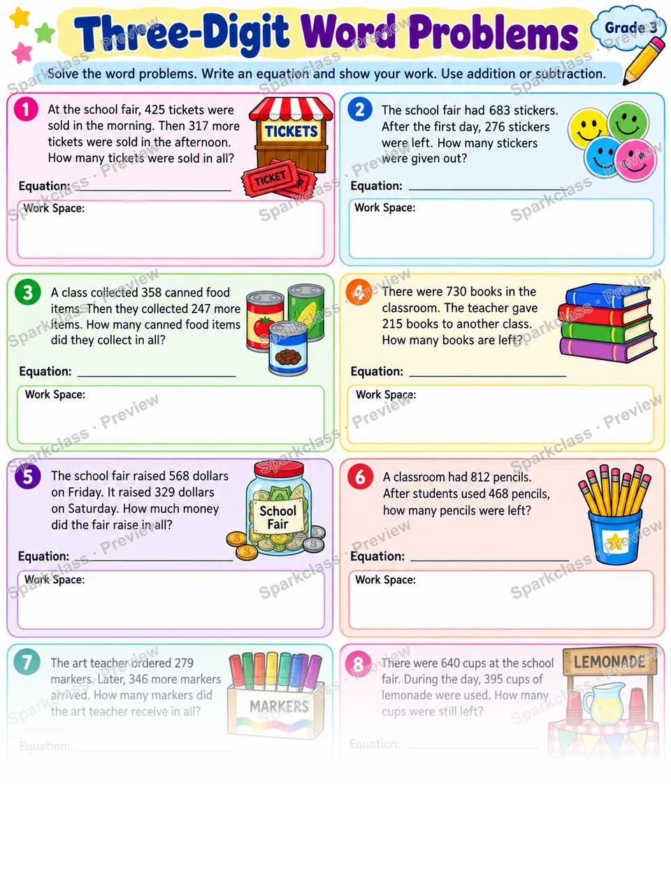Three Digit Word Problems — page 1