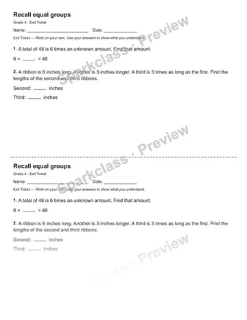 Recall equal groups — Exit Ticket — Grade 4 worksheet preview