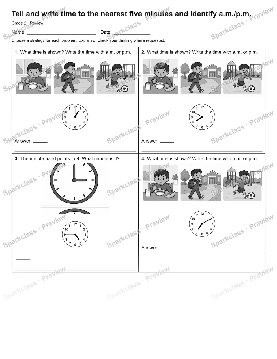 Tell and write time to the nearest five minutes and identify a.m./p.m. — Review — page 1