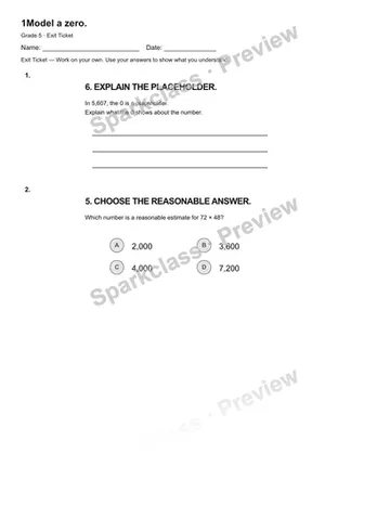 1Model a zero. — Exit Ticket — Grade 5 worksheet preview