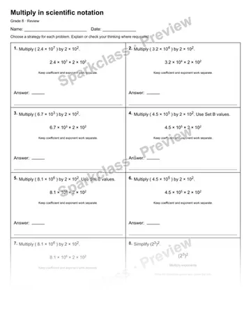 Multiply in scientific notation — Review — Grade 8 worksheet preview