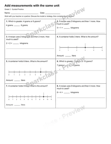 Add measurements with the same unit — Guided Practice — Grade 3 worksheet preview