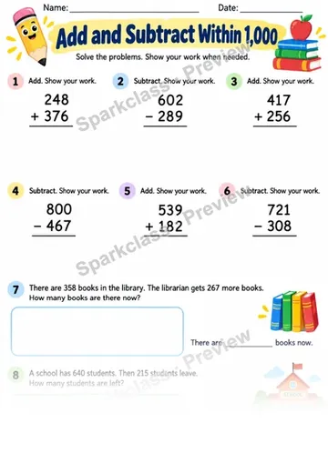 2.NBT.B.7 · Add Subtract Within 1000 — Grade 2 worksheet preview