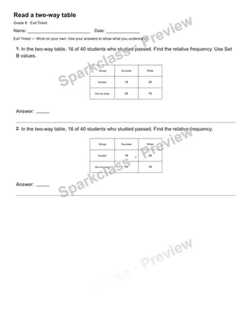 Read a two-way table — Exit Ticket — Grade 8 worksheet preview