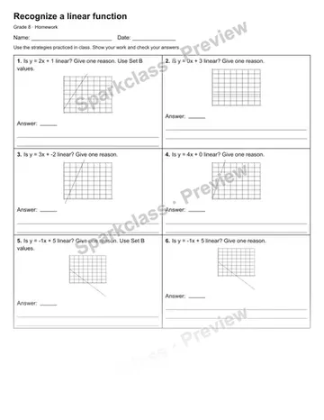 Recognize a linear function — Homework — Grade 8 worksheet preview