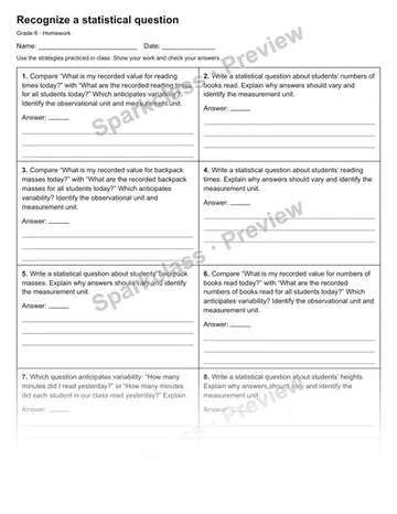 Recognize a statistical question — Homework — Grade 6 worksheet preview