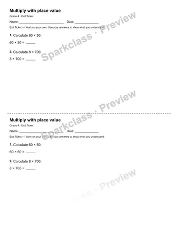 Multiply with place value — Exit Ticket — Grade 4 worksheet preview