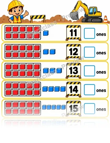 Basic One Ten and Some Ones · 11–19 — Kindergarten worksheet preview