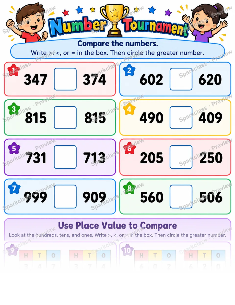 Number Tournament · Compare Three-Digit Numbers — page 1