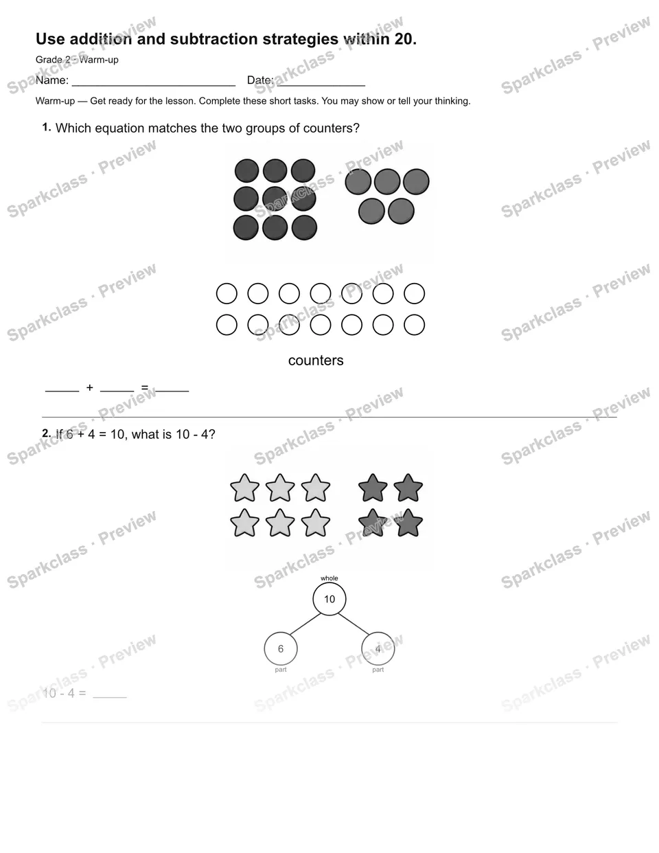 Use addition and subtraction strategies within 20. — Warm-up — page 1