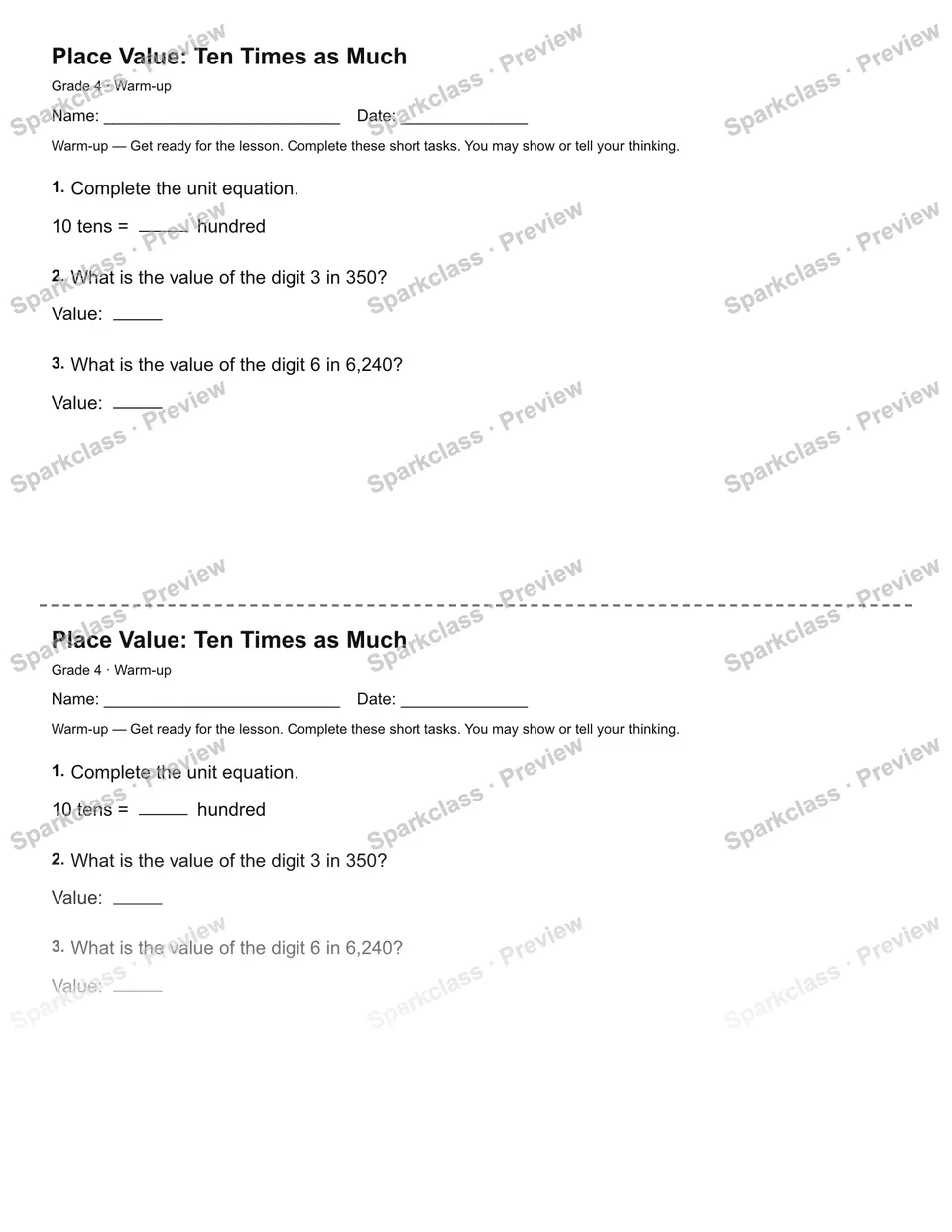 Place Value: Ten Times as Much — Warm-up — page 1