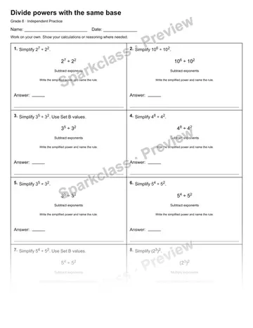 Divide powers with the same base — Independent Practice — Grade 8 worksheet preview