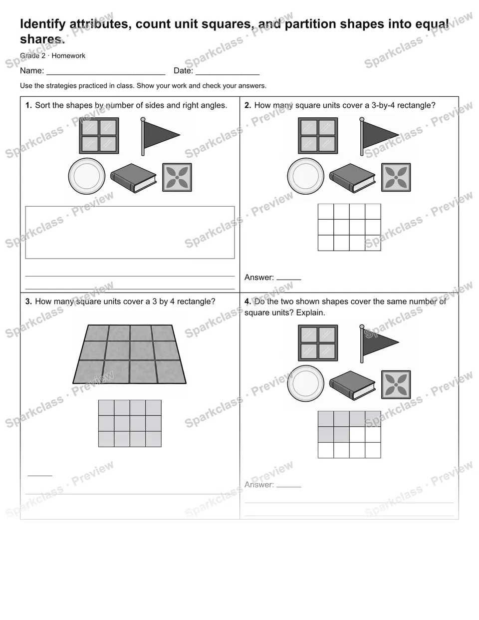 Identify attributes, count unit squares, and partition shapes into equal shares. — Homework — page 1