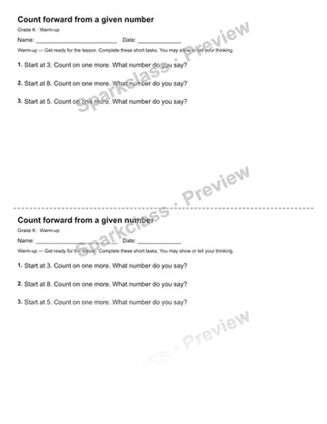 Count forward from a given number — Warm-up — Kindergarten worksheet preview