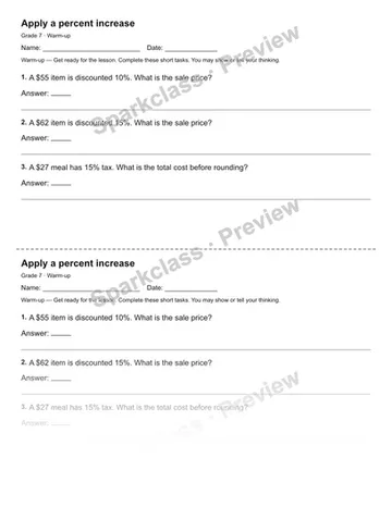 Apply a percent increase — Warm-up — Grade 7 worksheet preview