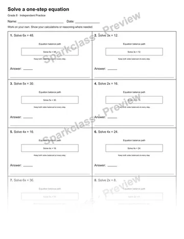 Solve a one-step equation — Independent Practice — Grade 8 worksheet preview