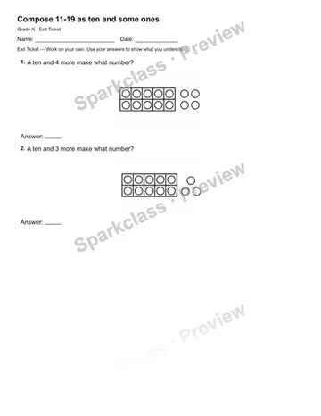 Compose 11-19 as ten and some ones — Exit Ticket — Kindergarten worksheet preview