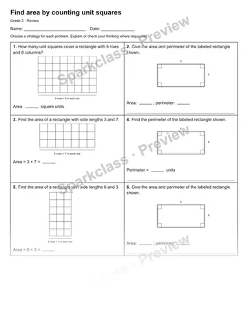 Find area by counting unit squares — Review — Grade 3 worksheet preview