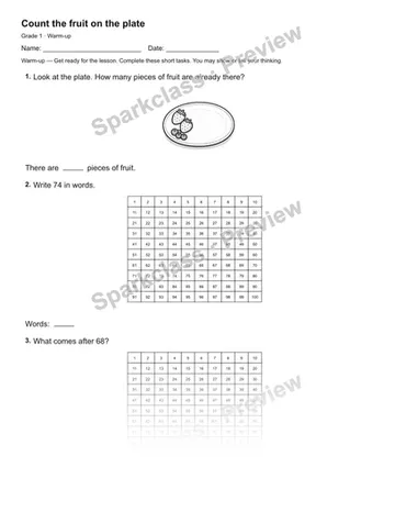 Count the fruit on the plate — Warm-up — Grade 1 worksheet preview