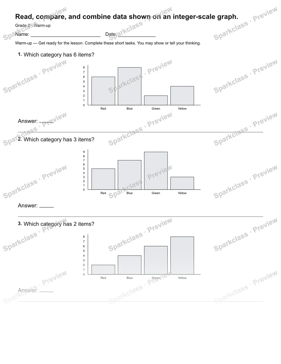 Read, compare, and combine data shown on an integer-scale graph. — Warm-up — page 2
