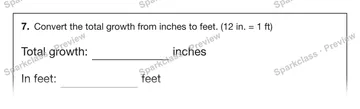 7. Convert the total growth from inches to feet. (12 in. = 1 ft) Total growth: inches In feet: feet — Grade 5 problem preview